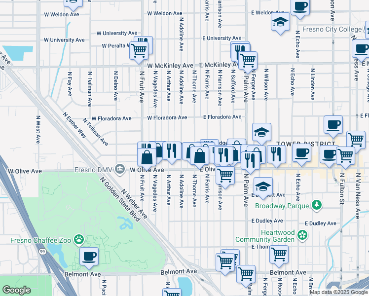 map of restaurants, bars, coffee shops, grocery stores, and more near 1282 North Adoline Avenue in Fresno