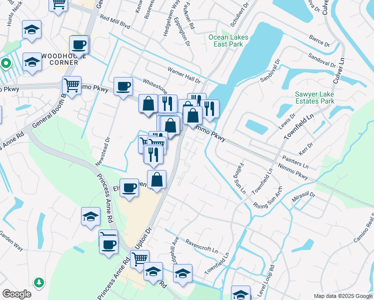 map of restaurants, bars, coffee shops, grocery stores, and more near 2160 Mill Crossing Drive in Virginia Beach