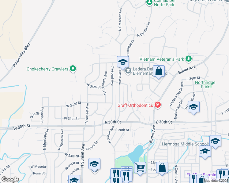 map of restaurants, bars, coffee shops, grocery stores, and more near 3304 Crescent Avenue in Farmington