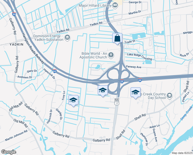 map of restaurants, bars, coffee shops, grocery stores, and more near 517 Happy Acres Road in Chesapeake