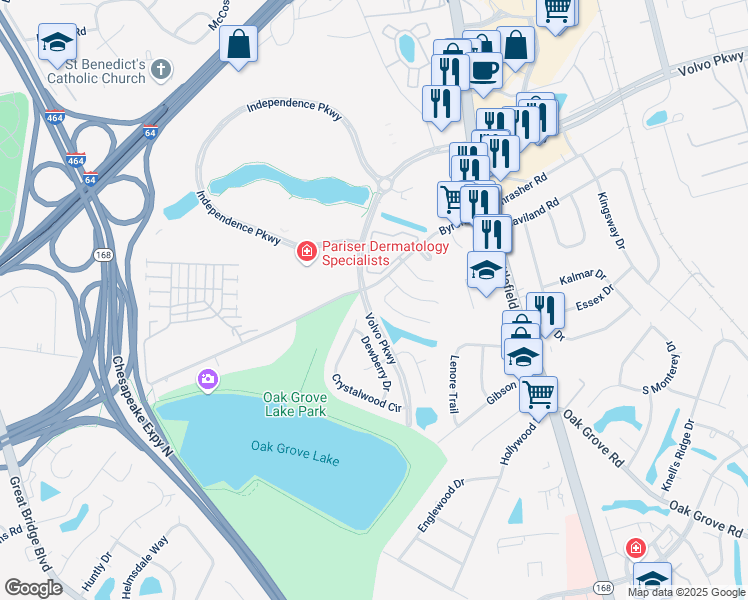 map of restaurants, bars, coffee shops, grocery stores, and more near 1298 Damyien Arch in Chesapeake