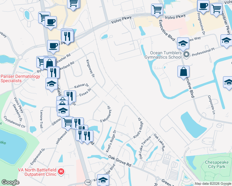 map of restaurants, bars, coffee shops, grocery stores, and more near 1211 Bristlewood Ct in Chesapeake