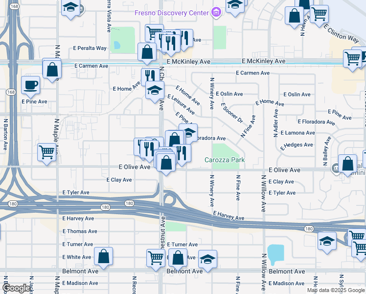 map of restaurants, bars, coffee shops, grocery stores, and more near 1308 North Garden Avenue in Fresno