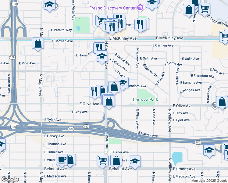 map of restaurants, bars, coffee shops, grocery stores, and more near 1308 North Garden Avenue in Fresno