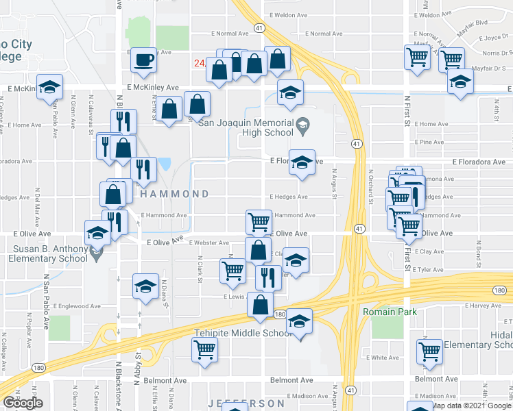 map of restaurants, bars, coffee shops, grocery stores, and more near 2409 East Hammond Avenue in Fresno