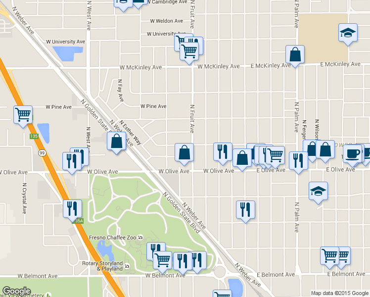 map of restaurants, bars, coffee shops, grocery stores, and more near 533 West Hedges Avenue in Fresno