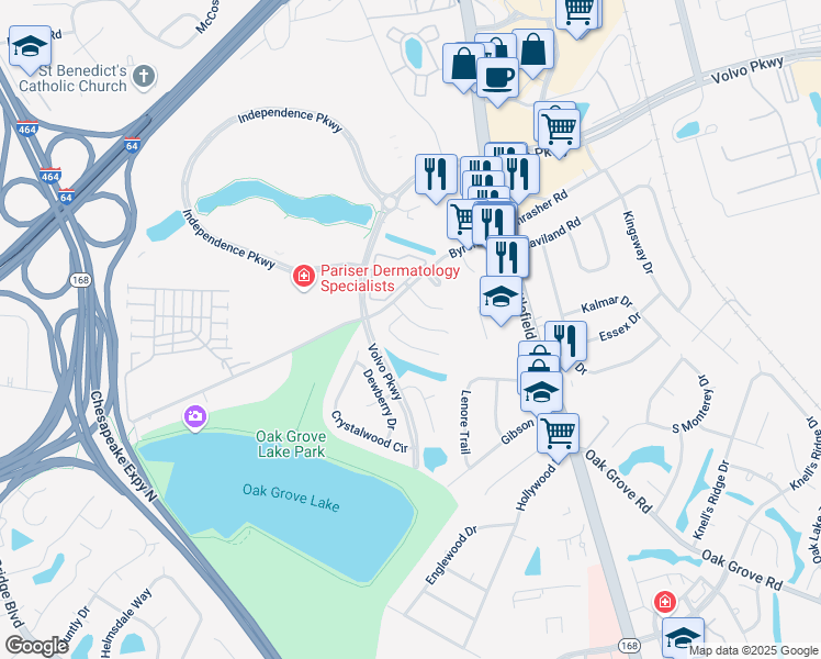 map of restaurants, bars, coffee shops, grocery stores, and more near 1228 Corkwood Circle in Chesapeake