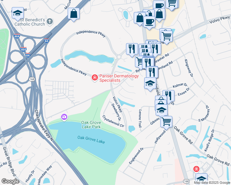 map of restaurants, bars, coffee shops, grocery stores, and more near 1298 Damyien Arch in Chesapeake