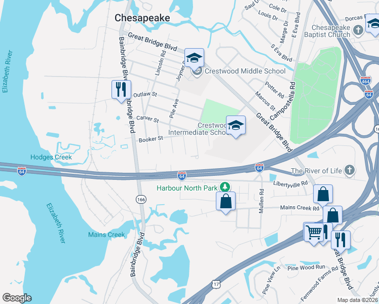 map of restaurants, bars, coffee shops, grocery stores, and more near 716 Durham Avenue in Chesapeake