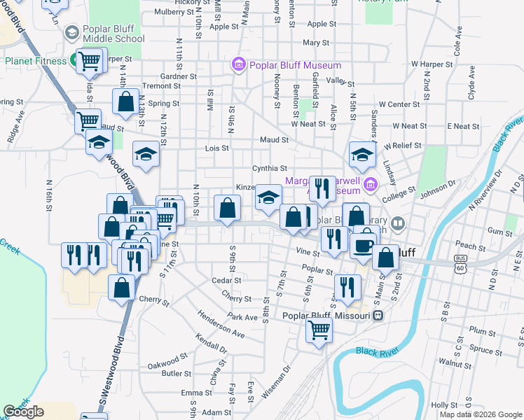 map of restaurants, bars, coffee shops, grocery stores, and more near 808 Lester Street in Poplar Bluff