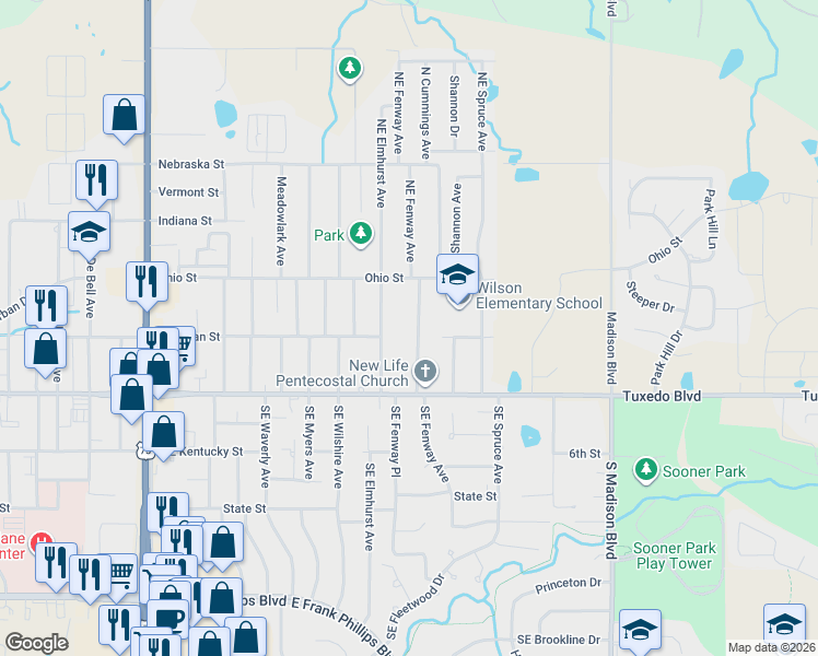 map of restaurants, bars, coffee shops, grocery stores, and more near 207 North Fenway Avenue in Bartlesville