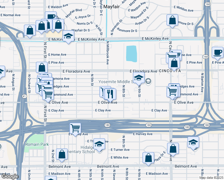 map of restaurants, bars, coffee shops, grocery stores, and more near 1284 North Millbrook Avenue in Fresno