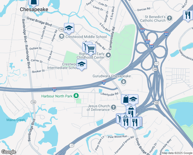 map of restaurants, bars, coffee shops, grocery stores, and more near 915 Tennyson Street in Chesapeake