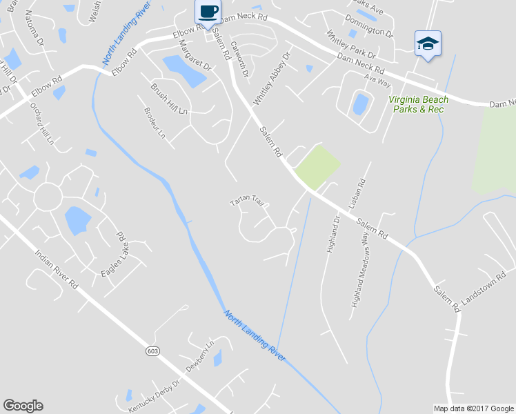 map of restaurants, bars, coffee shops, grocery stores, and more near 3933 Tartan Trail in Virginia Beach