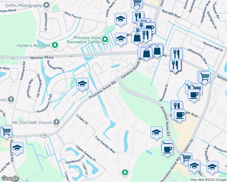 map of restaurants, bars, coffee shops, grocery stores, and more near 2465 Mathews Green Road in Virginia Beach