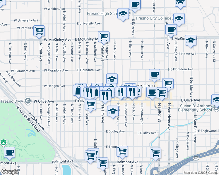 map of restaurants, bars, coffee shops, grocery stores, and more near 1271 North Ferger Avenue in Fresno