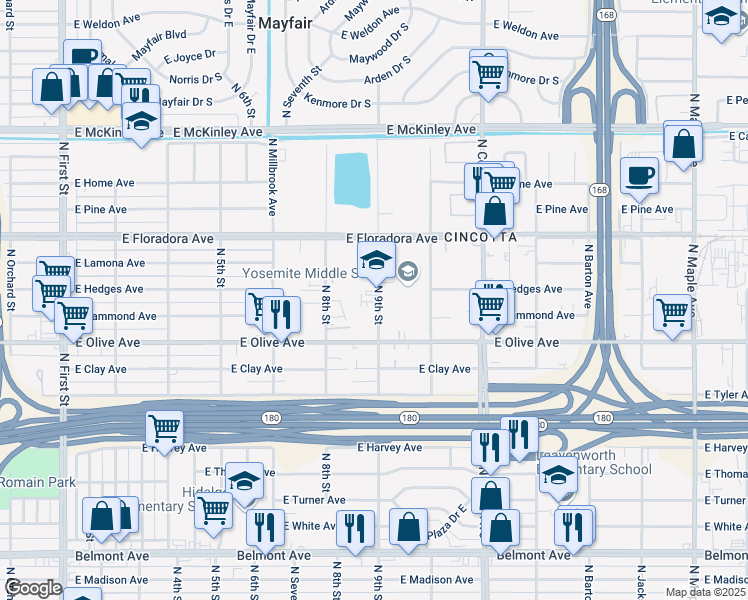 map of restaurants, bars, coffee shops, grocery stores, and more near 1275 North 9th Street in Fresno