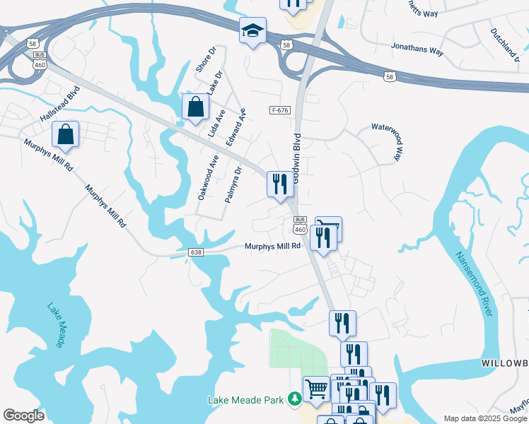 map of restaurants, bars, coffee shops, grocery stores, and more near 2303 Pruden Boulevard in Suffolk