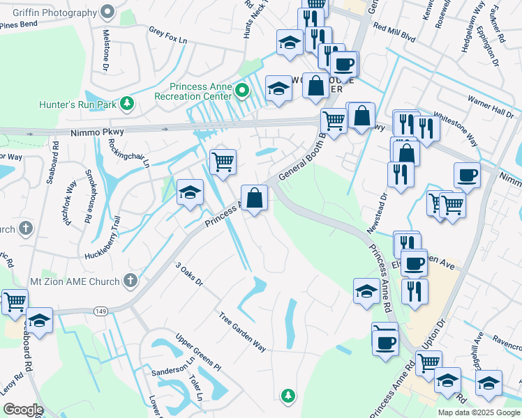 map of restaurants, bars, coffee shops, grocery stores, and more near 2465 Mathews Green Road in Virginia Beach