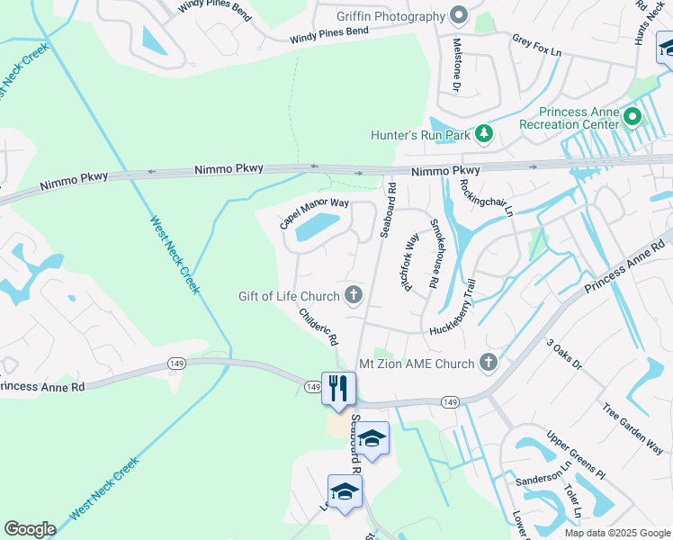 map of restaurants, bars, coffee shops, grocery stores, and more near 2313 Seaboard Road in Virginia Beach