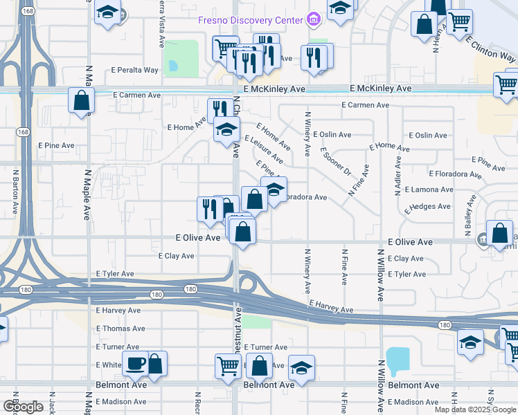 map of restaurants, bars, coffee shops, grocery stores, and more near 1308 North Garden Avenue in Fresno