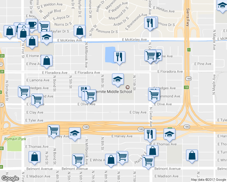 map of restaurants, bars, coffee shops, grocery stores, and more near 1275 North 9th Street in Fresno