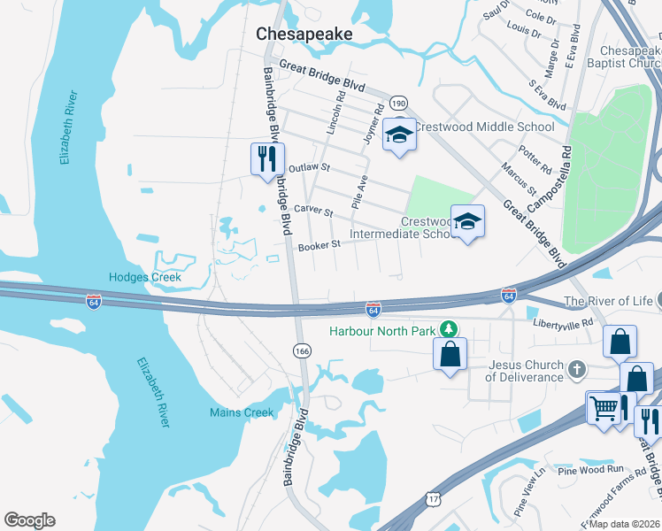 map of restaurants, bars, coffee shops, grocery stores, and more near 715 Ray Avenue in Chesapeake