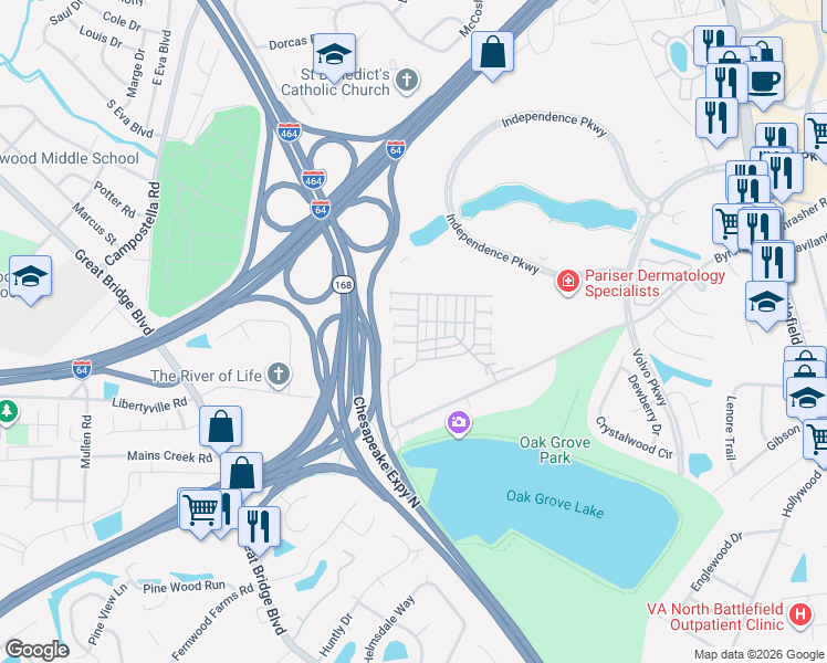 map of restaurants, bars, coffee shops, grocery stores, and more near 1301 Queens Gate in Chesapeake