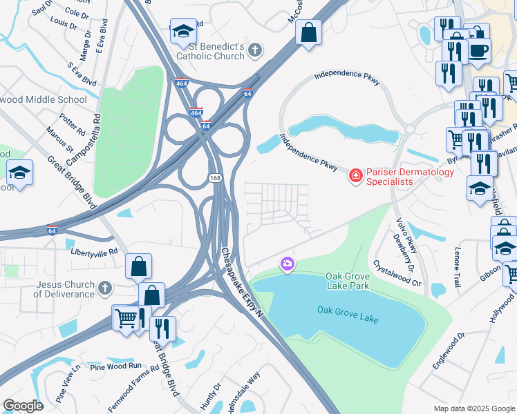 map of restaurants, bars, coffee shops, grocery stores, and more near 601 Lord Byron Court in Chesapeake