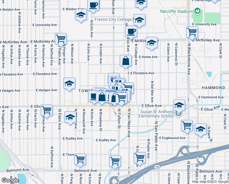 map of restaurants, bars, coffee shops, grocery stores, and more near 1292 North Wishon Avenue in Fresno