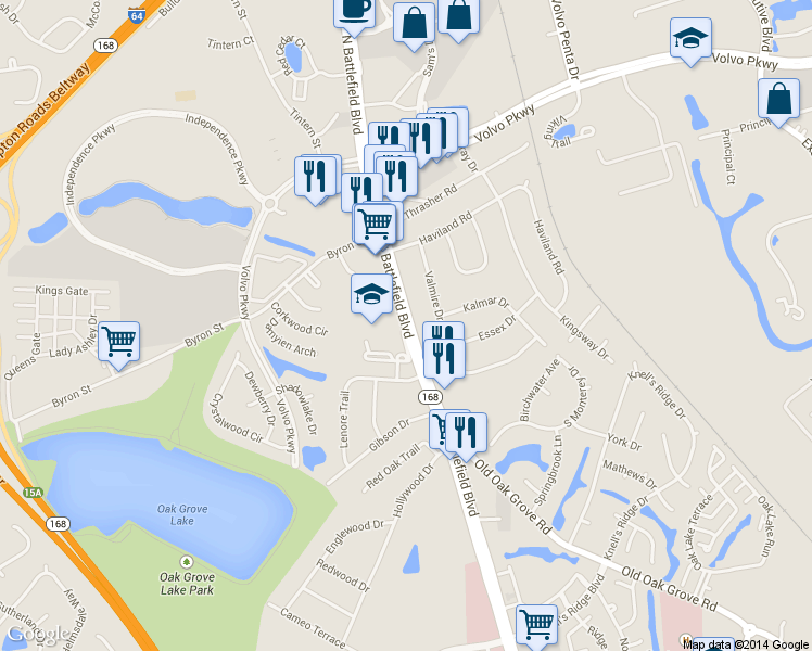 map of restaurants, bars, coffee shops, grocery stores, and more near 1130 N Battlefield Blvd in Chesapeake