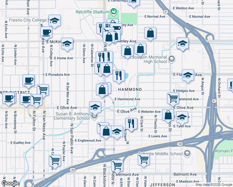 map of restaurants, bars, coffee shops, grocery stores, and more near 1821 East Hammond Avenue in Fresno