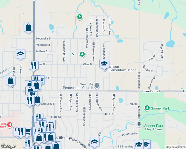 map of restaurants, bars, coffee shops, grocery stores, and more near 207 North Fenway Avenue in Bartlesville
