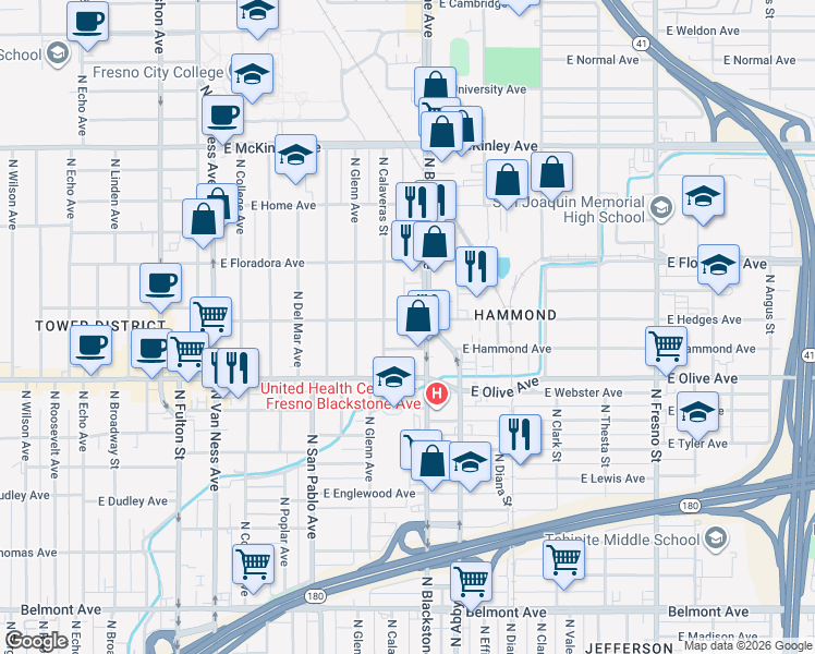 map of restaurants, bars, coffee shops, grocery stores, and more near 1633 East Hammond Avenue in Fresno