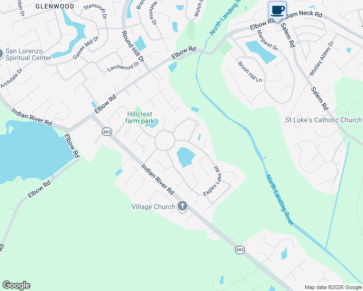 map of restaurants, bars, coffee shops, grocery stores, and more near 4320 Hillcrest Farms Circle in Virginia Beach