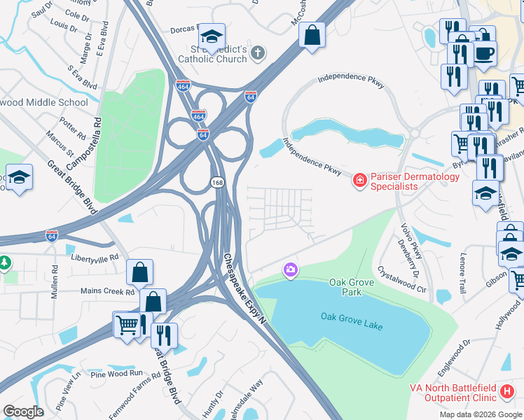 map of restaurants, bars, coffee shops, grocery stores, and more near 1301 Queens Gate in Chesapeake