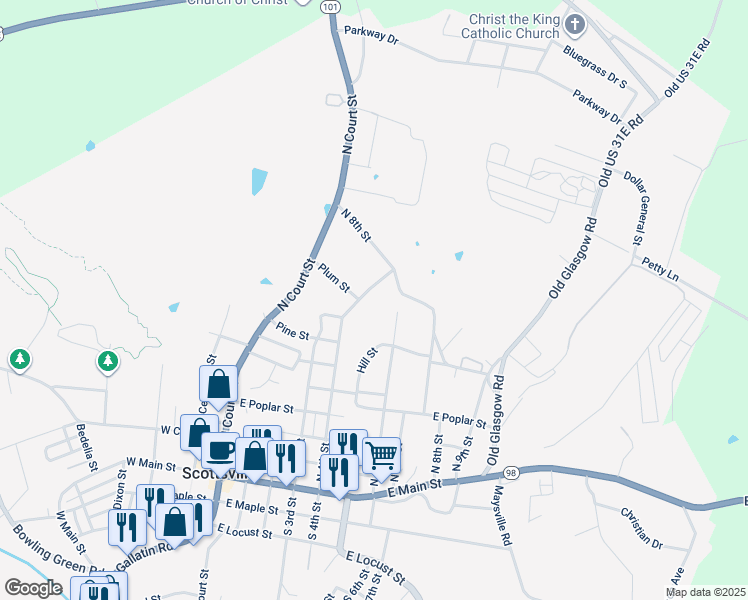 map of restaurants, bars, coffee shops, grocery stores, and more near 812-834 N 4th St in Scottsville