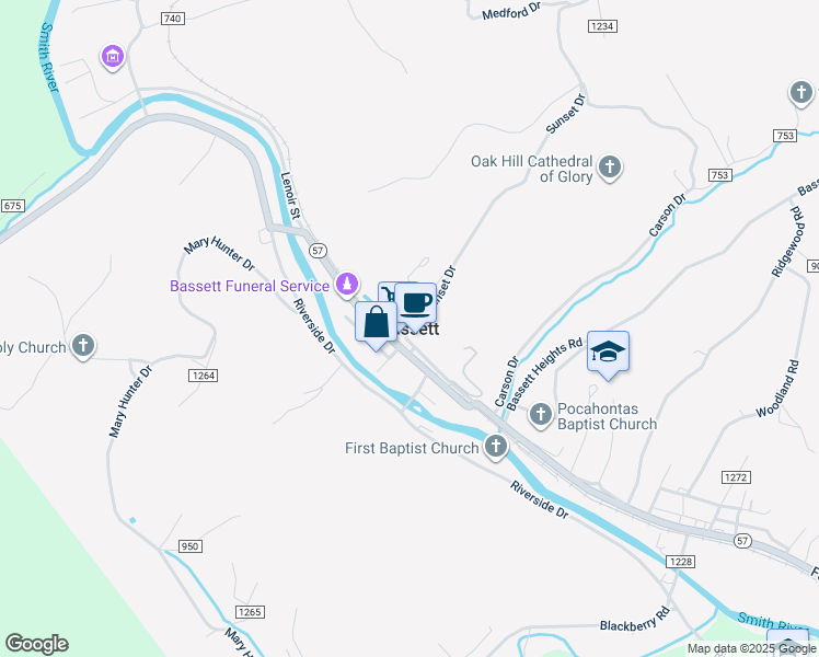 map of restaurants, bars, coffee shops, grocery stores, and more near in Bassett