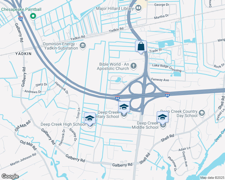 map of restaurants, bars, coffee shops, grocery stores, and more near 509 Happy Acres Road in Chesapeake