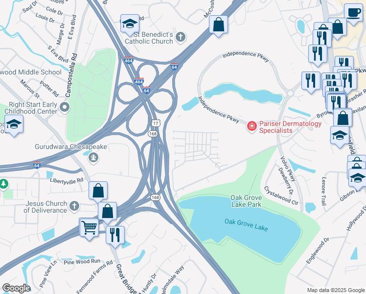 map of restaurants, bars, coffee shops, grocery stores, and more near 601 Lord Byron Court in Chesapeake
