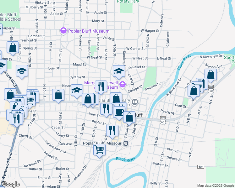 map of restaurants, bars, coffee shops, grocery stores, and more near 435 Lester Street in Poplar Bluff