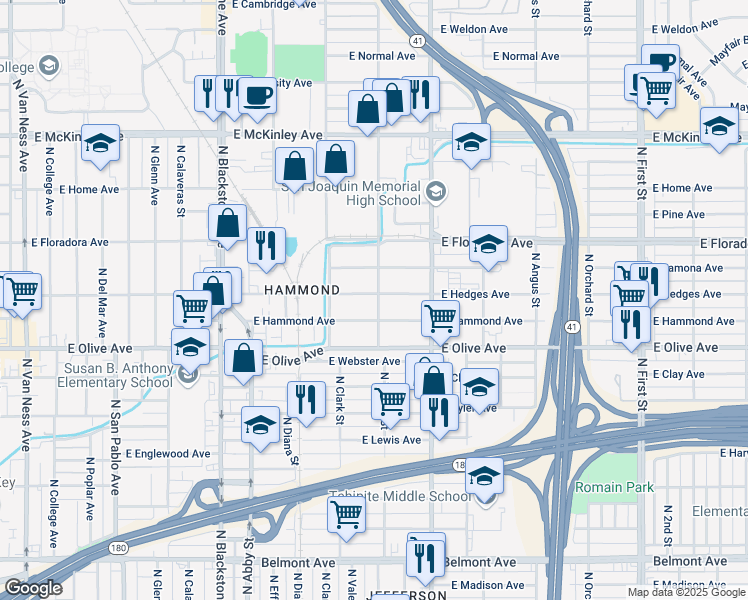 map of restaurants, bars, coffee shops, grocery stores, and more near 2226 East Hedges Avenue in Fresno