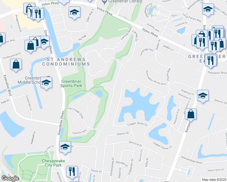 map of restaurants, bars, coffee shops, grocery stores, and more near 1150 Fairway Drive in Chesapeake