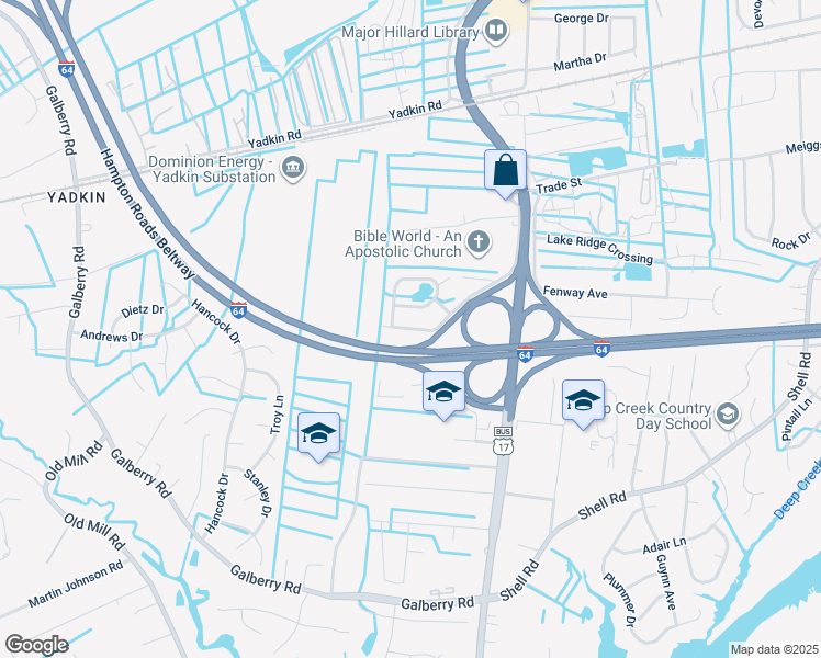 map of restaurants, bars, coffee shops, grocery stores, and more near 517 Happy Acres Road in Chesapeake