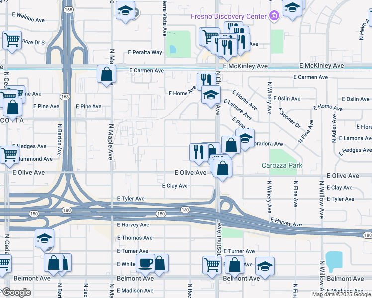 map of restaurants, bars, coffee shops, grocery stores, and more near 1285 North Recreation Avenue in Fresno