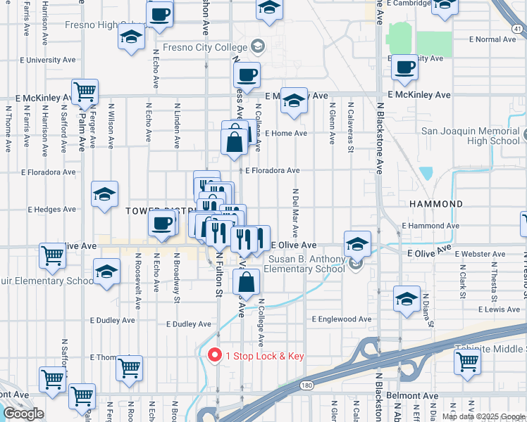 map of restaurants, bars, coffee shops, grocery stores, and more near 1102 East Hedges Avenue in Fresno