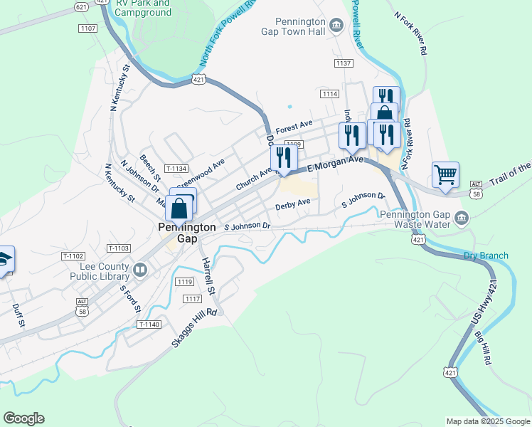 map of restaurants, bars, coffee shops, grocery stores, and more near South Lakewood Street in Pennington Gap