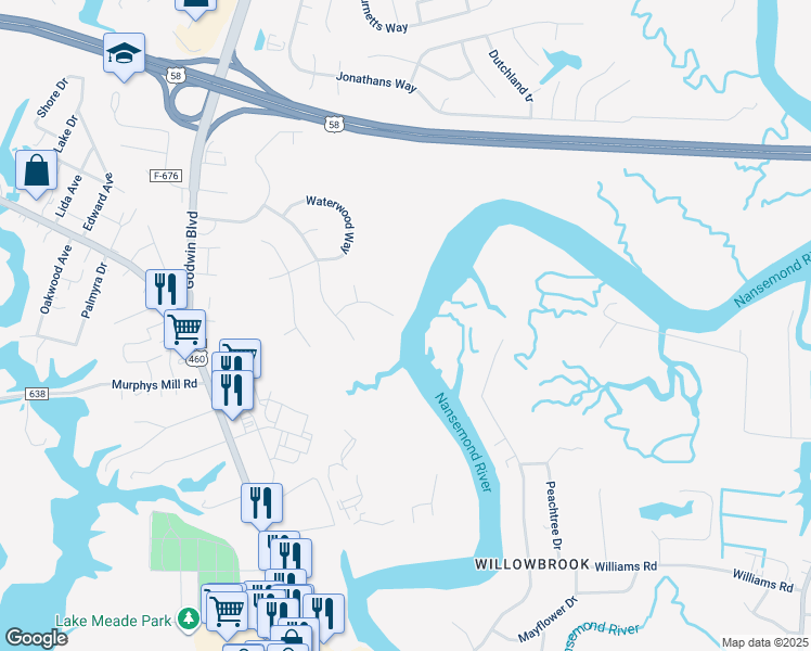 map of restaurants, bars, coffee shops, grocery stores, and more near 216 Water Pointe Way in Suffolk