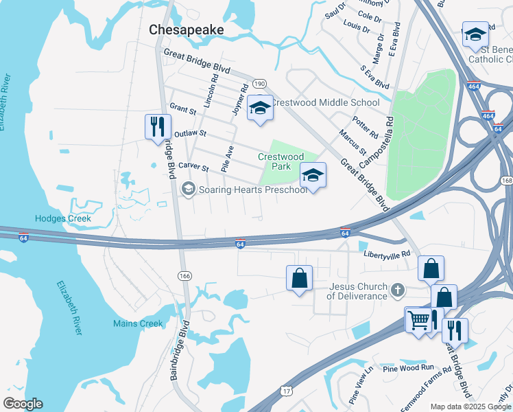 map of restaurants, bars, coffee shops, grocery stores, and more near 712 Laura Street in Chesapeake