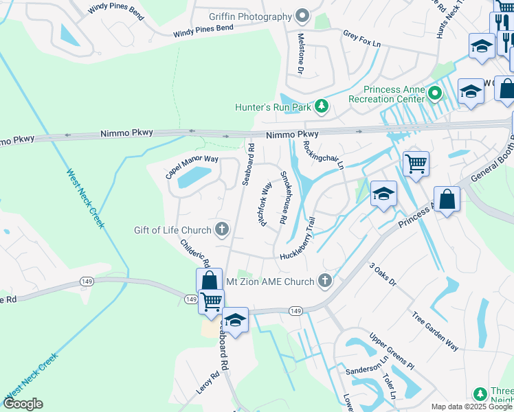 map of restaurants, bars, coffee shops, grocery stores, and more near 2437 Pitchfork Way in Virginia Beach